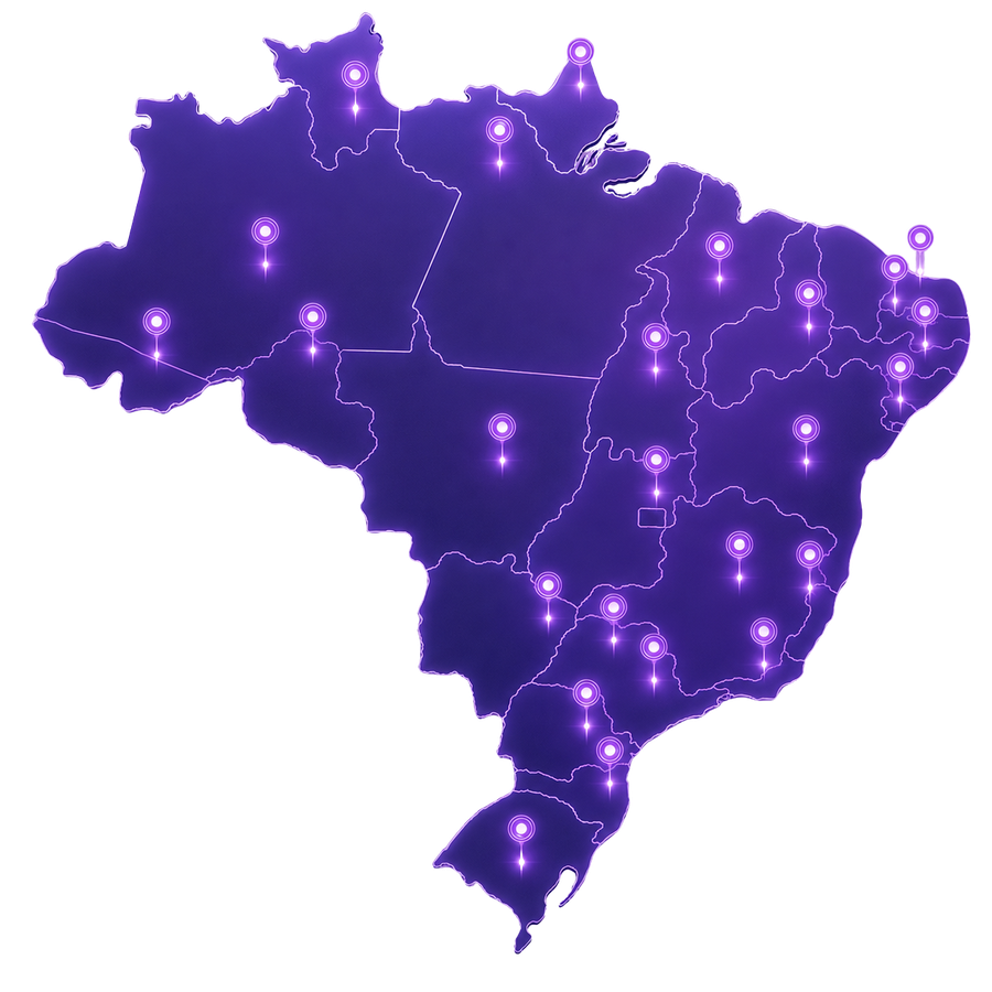 Mapa do Brasil indicando atendimento em 26 estados